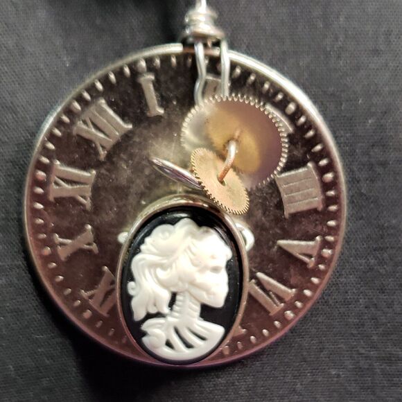 Steampunk Style Natural Stone, Skeleton Cameo, Roman Numeral Clock Disc Necklace - Picture 2 of 12
